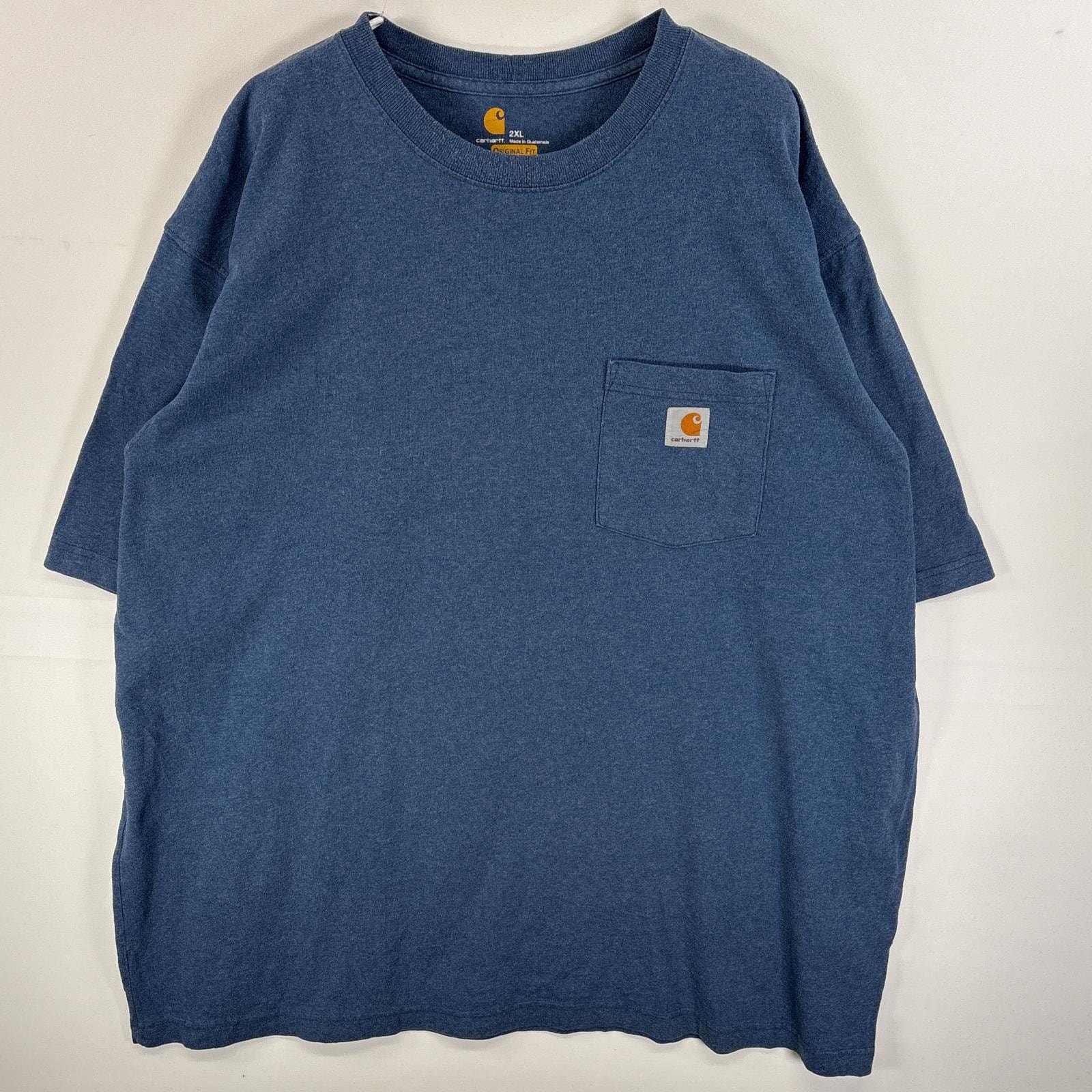 古着 カーハート Carhartt 半袖Tシャツ ワンポイント ロゴ 胸ポケ 混色生地 2XL  ネイビー系 無地 メンズ