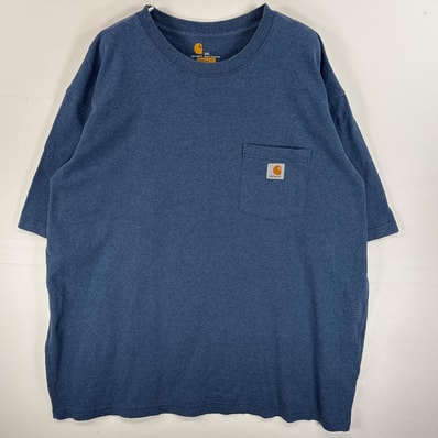 古着 カーハート Carhartt 半袖Tシャツ ワンポイント ロゴ 胸ポケ 混色生地 2XL ネイビー系 無地 メンズ