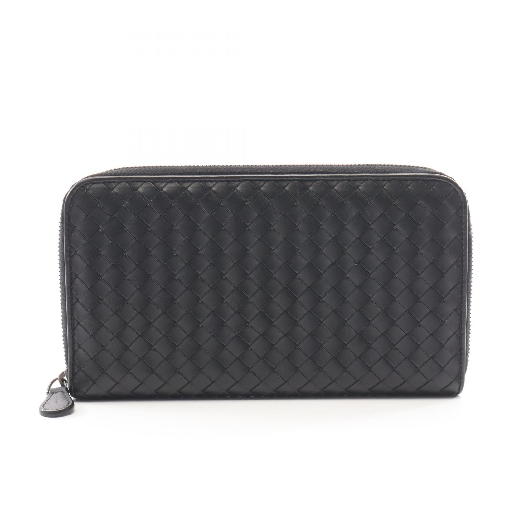 ボッテガヴェネタ BOTTEGA VENETA イントレチャート ラウンド長財布 財布 レザー メンズ ブラック系 【中古】
