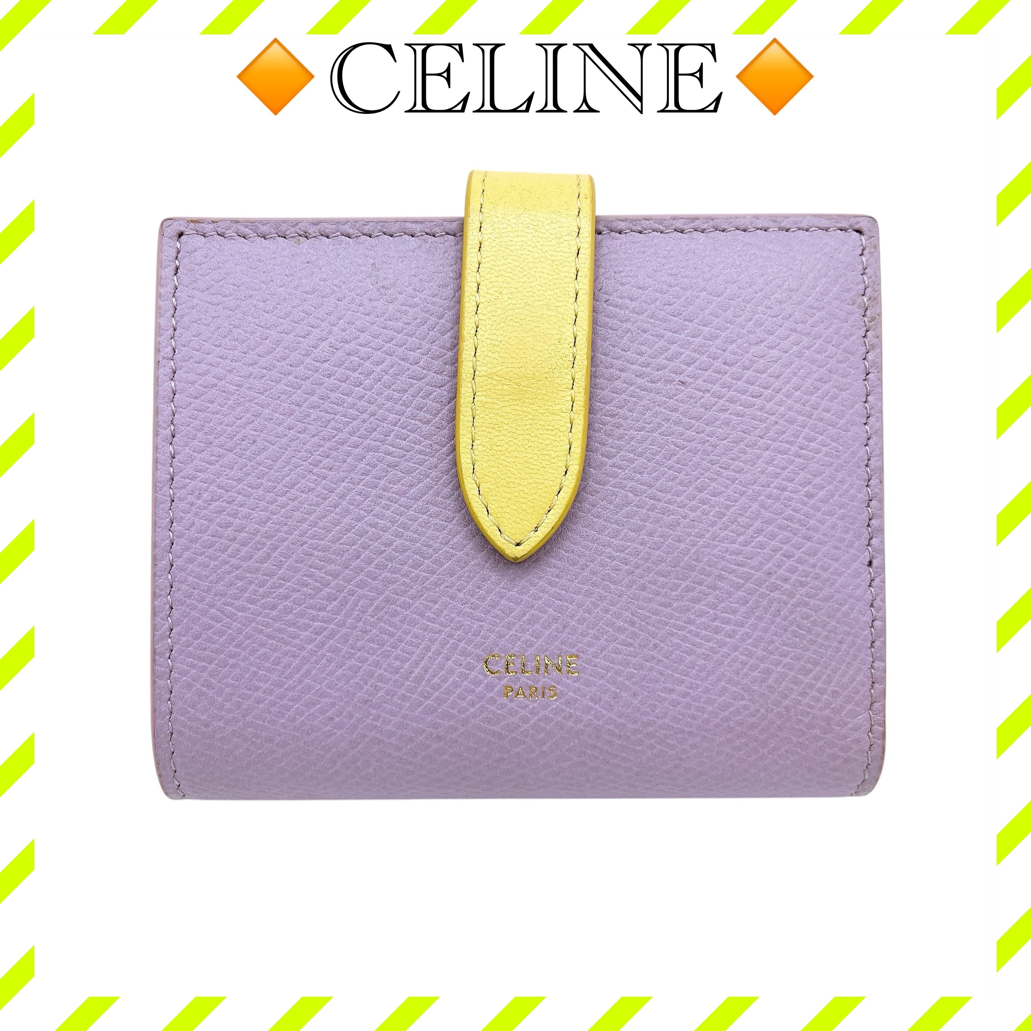 美品 セリーヌ スモールストラップウォレット 折り財布 レザー 紫 パープル 黄
