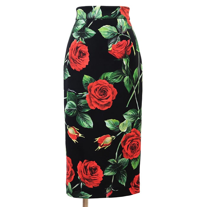 美品 ドルチェアンドガッバーナ タイト ローズ 薔薇 バラ プリント スムースジャージー ストレッチ スカート レディース ブラック 38 DOLCE&GABBANA
