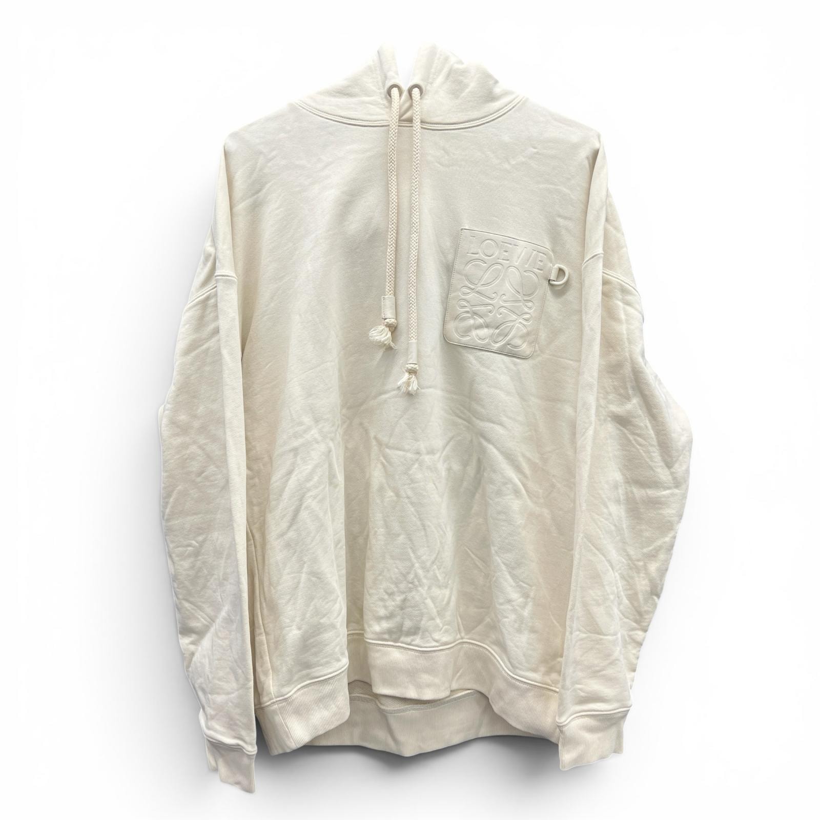 LOEWE 極美品 ロエベ ANAGRAM PATCH POCKET HOODIE アナグラム パッチ ポケット フーディ #M H526Y25X23 パーカー コットン レザー アイボリー Aランク 中古 鑑定済 ロエベパーカー