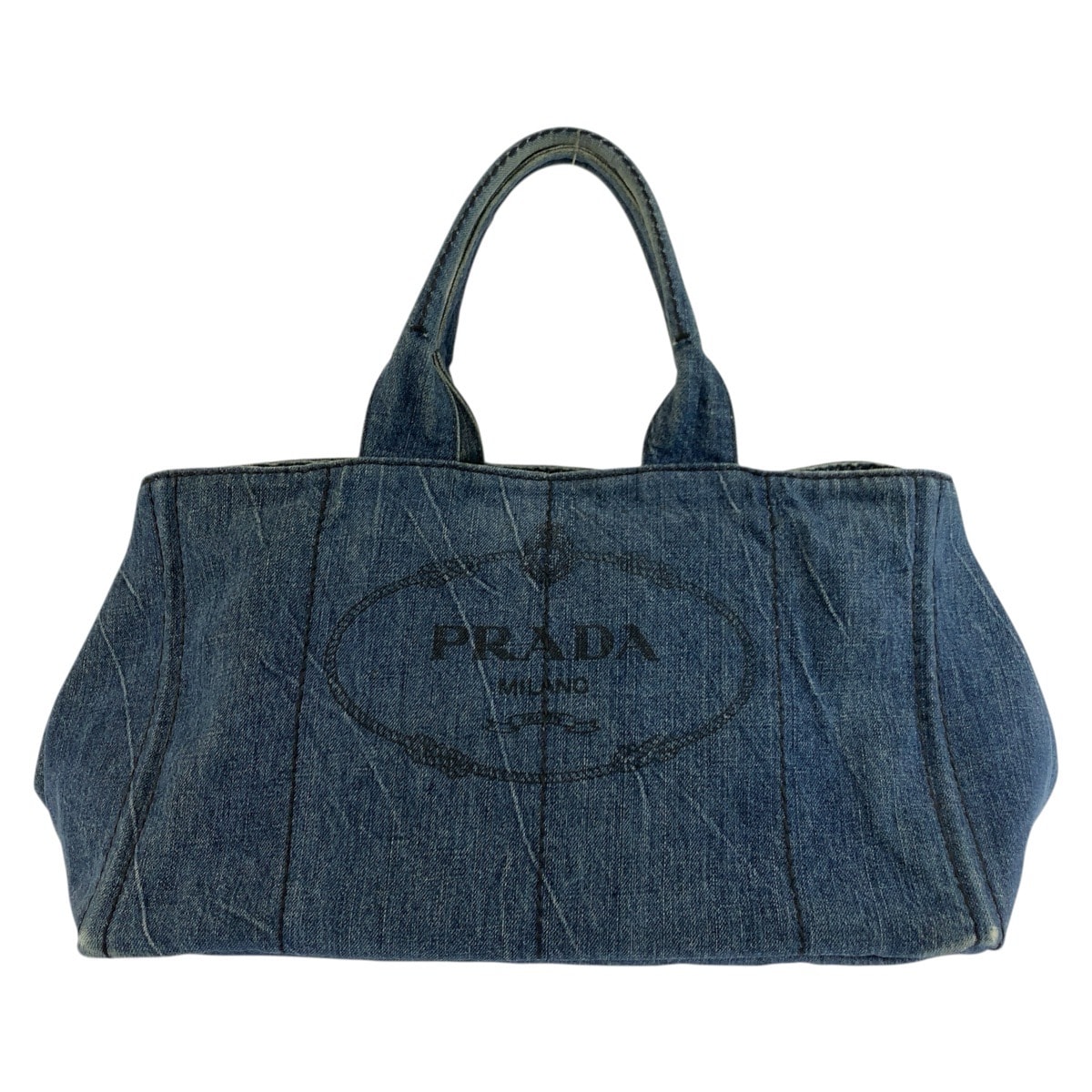 美品 PRADA プラダ カナパトート 三角ロゴプレート ブルー ゴールド金具 デニム トートバッグ ハンドバッグ 604244 【中古】