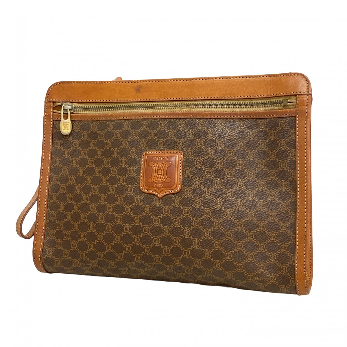 【6dd5291】セリーヌ クラッチバッグ マカダム PVC ブラウン ゴールド金具【中古】メンズ