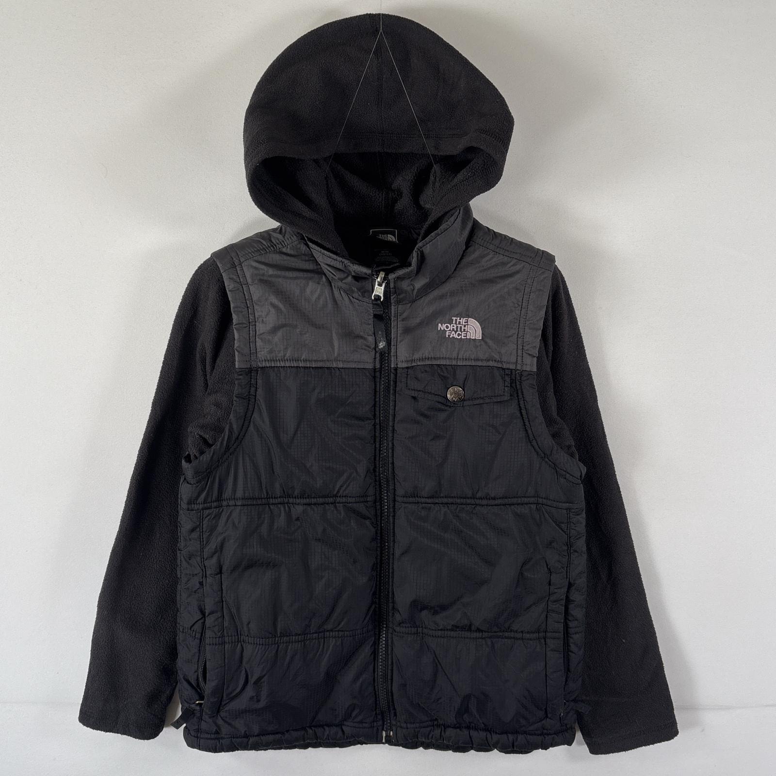 古着 ザ・ノースフェイス THE NORTH FACE ナイロンジャケット フリース レイヤード フーディ ワンポイントロゴ フルジップ M 10/12  ブラック ボーイズ
