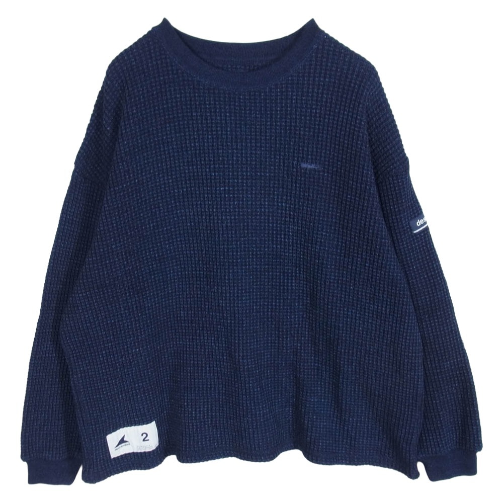 DESCENDANT ディセンダント ニット 22AW GAUFRE WAFFLE LS ロゴ 刺繍 ゴーフル ワッフル クルーネック ニット セーター ネイビー系 2【中古】