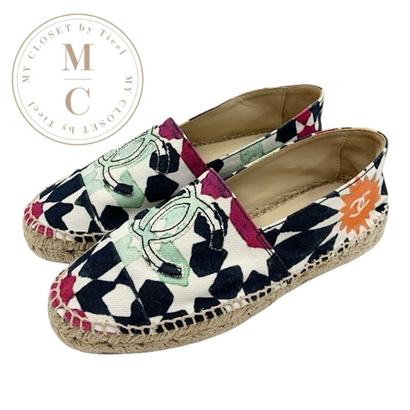 シャネル CHANEL フラットシューズ 靴 シューズ キャンバス マルチカラー ココマーク エスパドリーユ