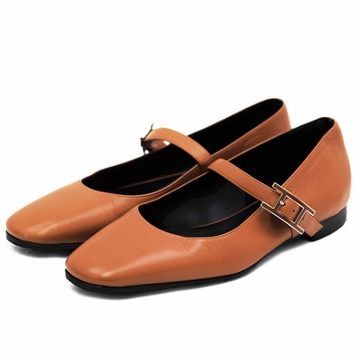 【美品】HERMES エルメス ジェーン パンプス サイズ 35 1/2 レディース Hバックル ストラップ スクエアトゥ バレエシューズ レザー H242047Z シューズ 靴 ブラウン 茶色 イタリア製