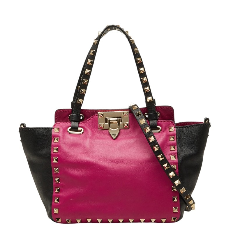 ヴァレンティノ ロックスタッズ ハンドバッグ ショルダーバッグ 2WAY ピンク ブラック レザー レディース VALENTINO 【中古】