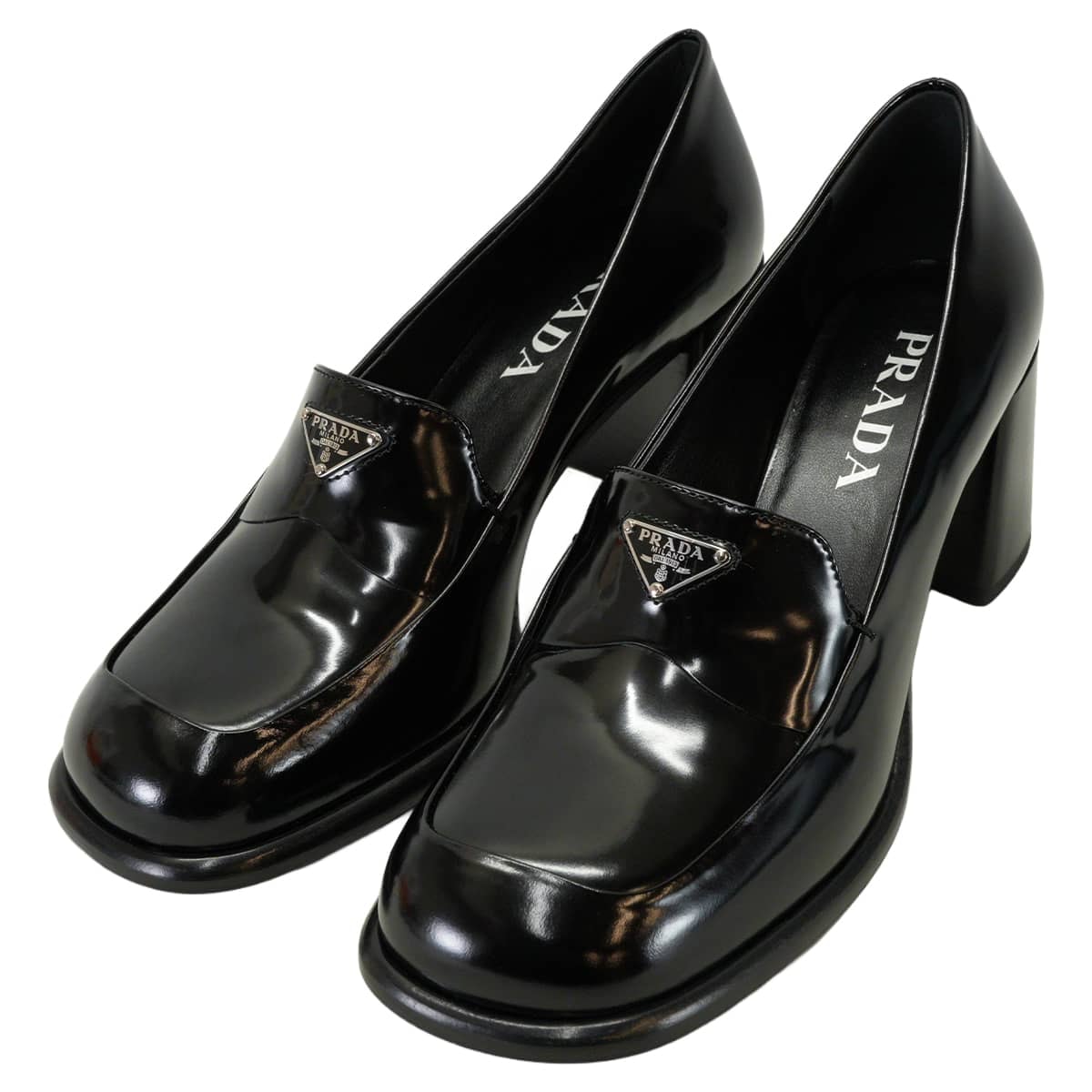 PRADA プラダ ローファー パンプス トライアングル ロゴ チャンキーヒール 黒 (ブラック) ストライドブラッシュドレザー 24.5cm(#37.5) 1D563O 新品未使用