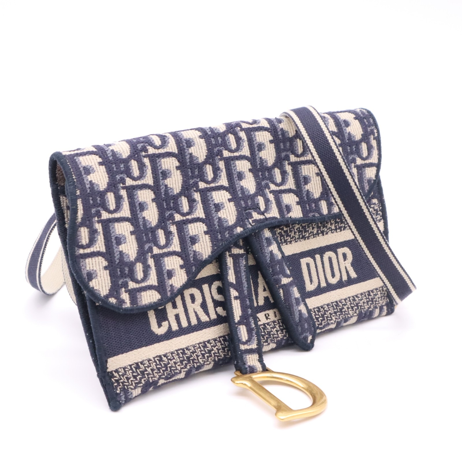 Christian Dior クリスチャンディオール キャンバス サドルスリムポーチ S5647CRIW ショルダーバッグ ネイビー グレー キャンバス レザー レディース