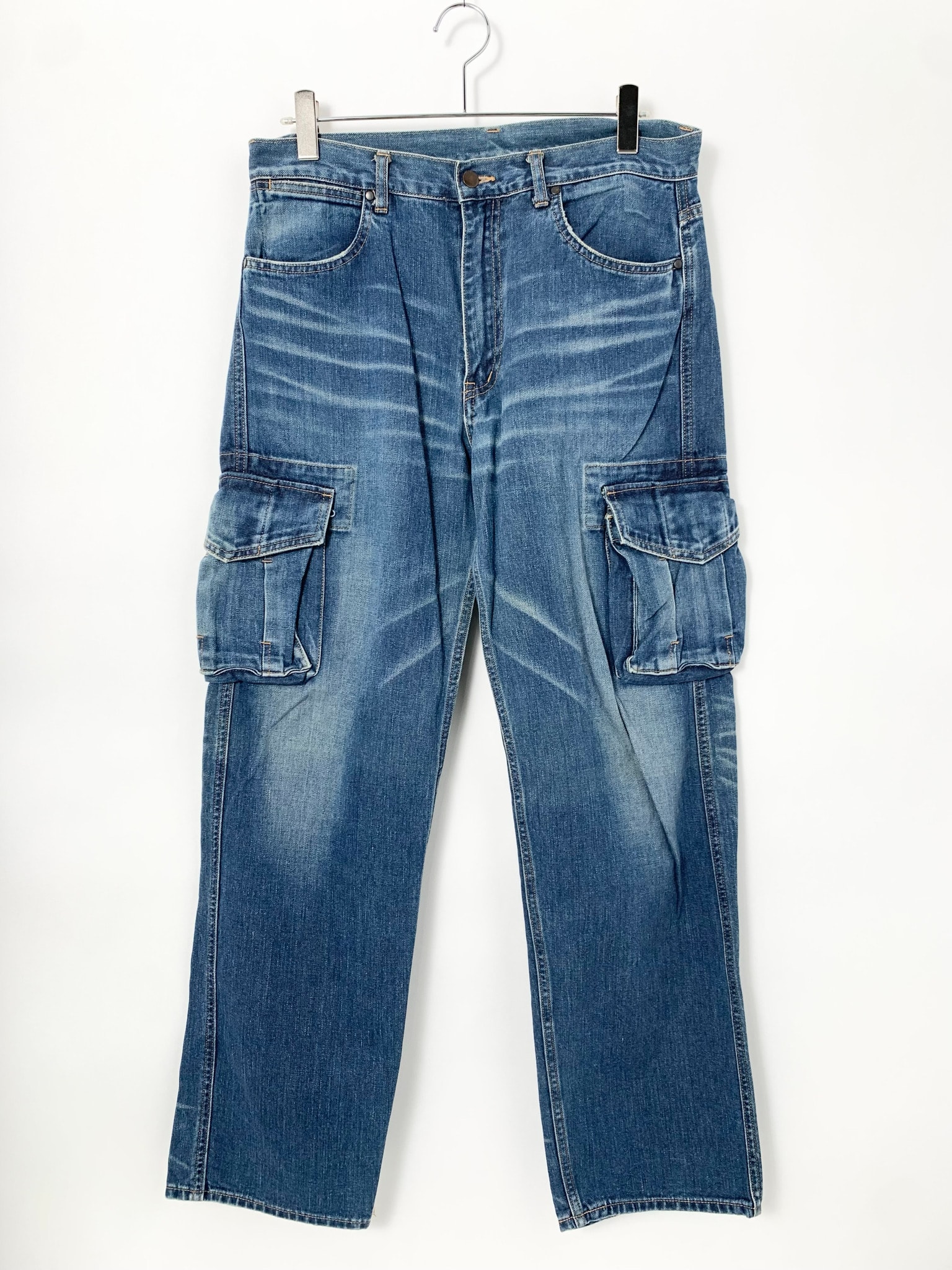 A BATHING APE embroidered denim cargo pants Indigo