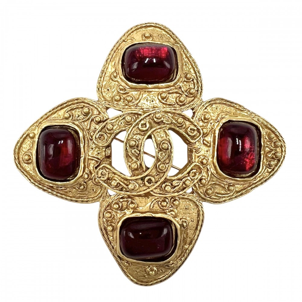 CHANEL シャネル ブローチ グリポア ココマーク ヴィンテージ アクセサリー GP  カラーストーン   94A ゴールド レッド 赤 レディース 約36.2g 1994年【中古品】