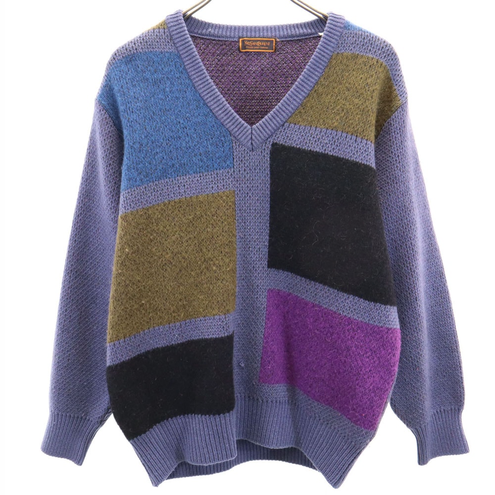YVES SAINT LAURENT イヴサンローラン 80s 90s ウールブレンド オールド 長袖 Vネック セーター M tricots pour homme ニット 厚手
