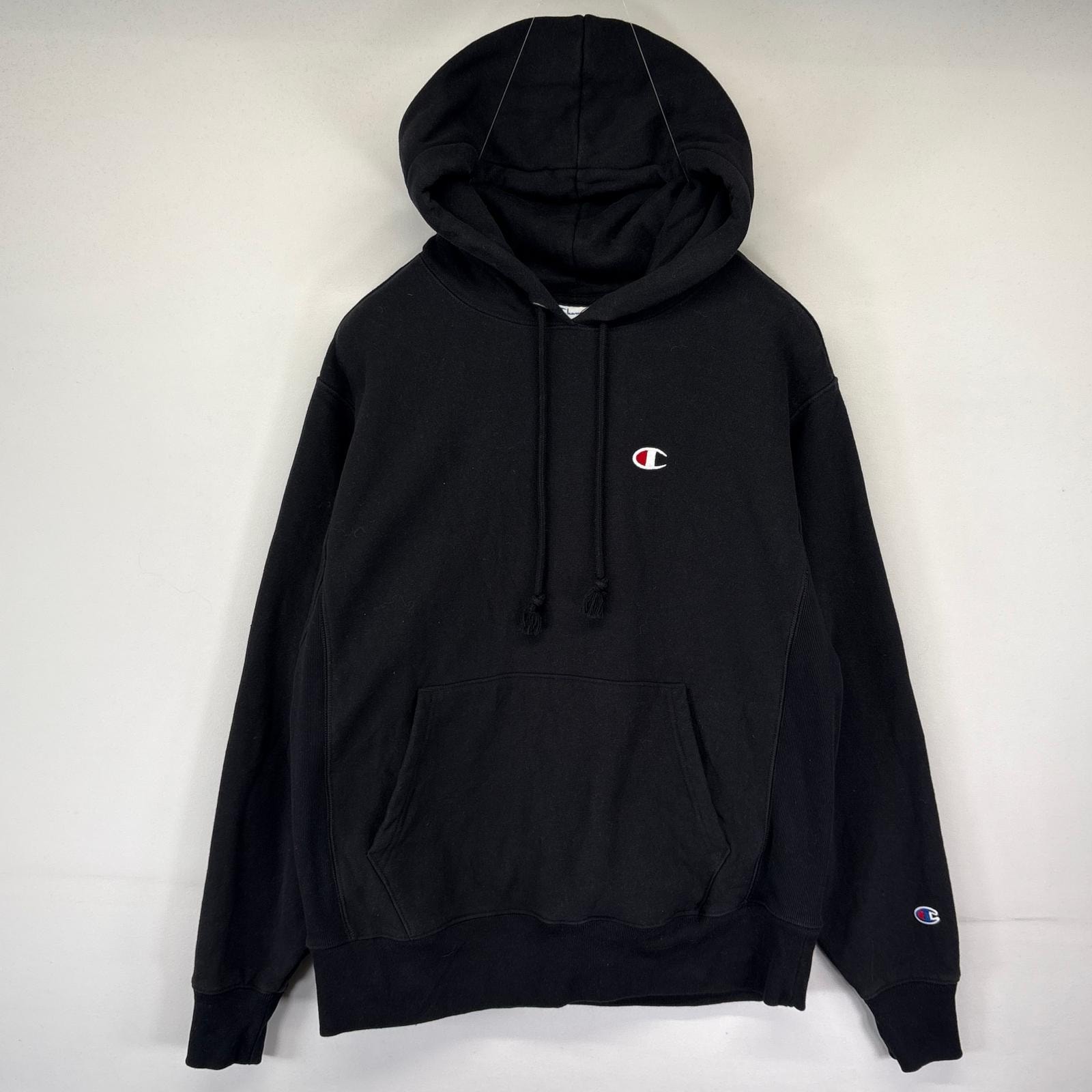 古着 チャンピオン Champion パーカー リバースウィーブ スウェット ワンポイントロゴ刺繍 プルオーバー M ブラック メンズ