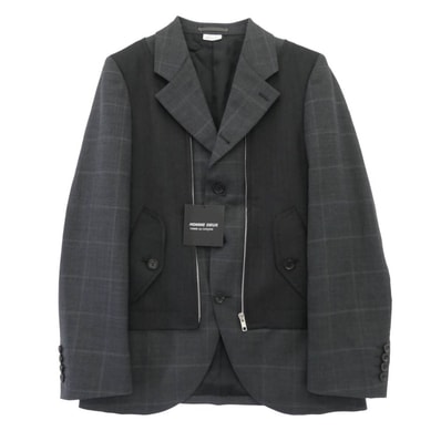 COMME des GARCONS HOMME DEUX コムデギャルソンオムドゥ 25AW DP-J048-051 チェック柄 ドッキング フロントジップデザイン テーラードジャケット グレー系 XS【極上美品】【中古】