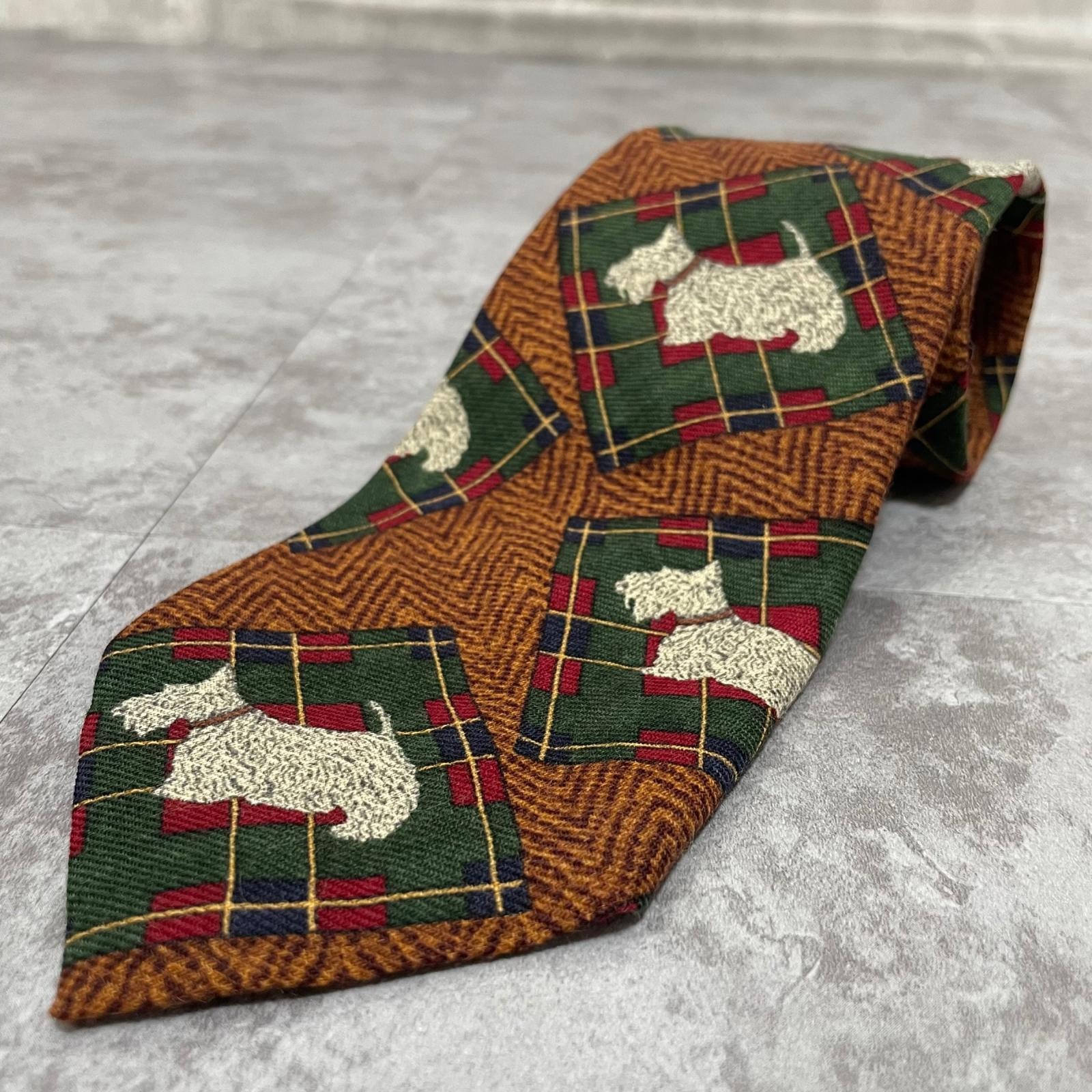 【RALPH LAUREN】ラルフローレン ニットタイ ウール スコティッシュテリア 犬 ドッグ柄 タータンチェック パッチワーク ブラウン 日本製