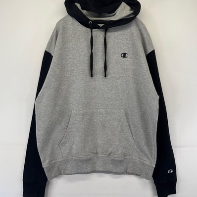 古着 チャンピオン Champion パーカー プルオーバー ワンポイントロゴ刺繍 ツートンカラー スウェット L グレー系 メンズ