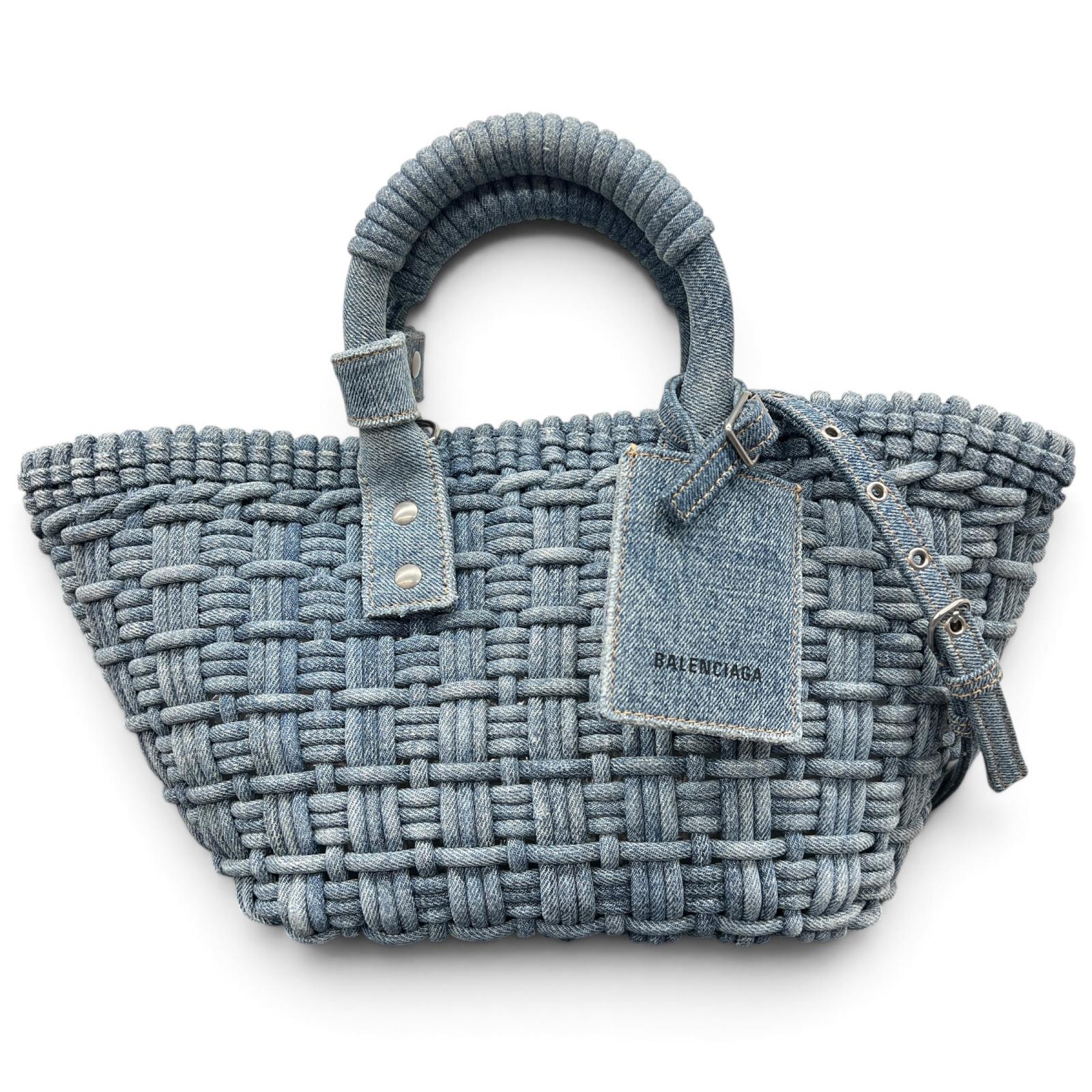BALENCIAGA 極美品 バレンシアガ ビストロ トート XS デニム トートバッグ 671342 ブルー ブラック レザー ハンドバッグ 編み込み Y2K Aランク 中古 鑑定済 バレンシアガバッグ