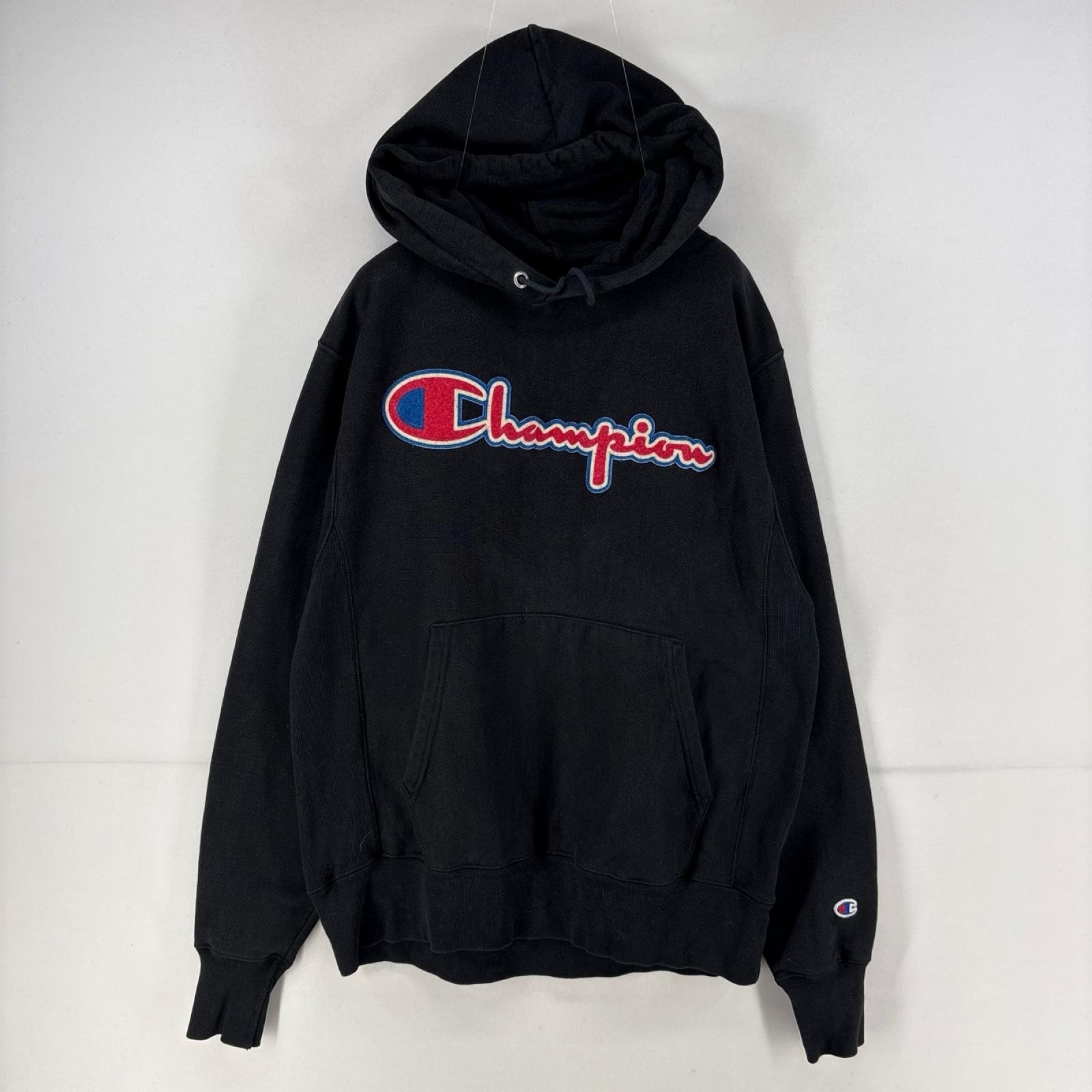 古着 チャンピオン Champion パーカー スウェット ワッペン プルオーバー ロゴ リバースウィーブ M  ブラック メンズ