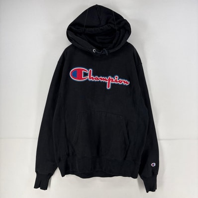古着 チャンピオン Champion パーカー スウェット ワッペン プルオーバー ロゴ リバースウィーブ M ブラック メンズ