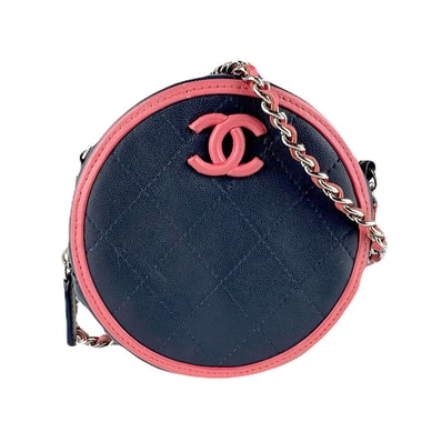 シャネル CHANEL 斜め掛けショルダーバッグ レザー ネイビー/ピンク シルバー レディース【中古】 z8387
