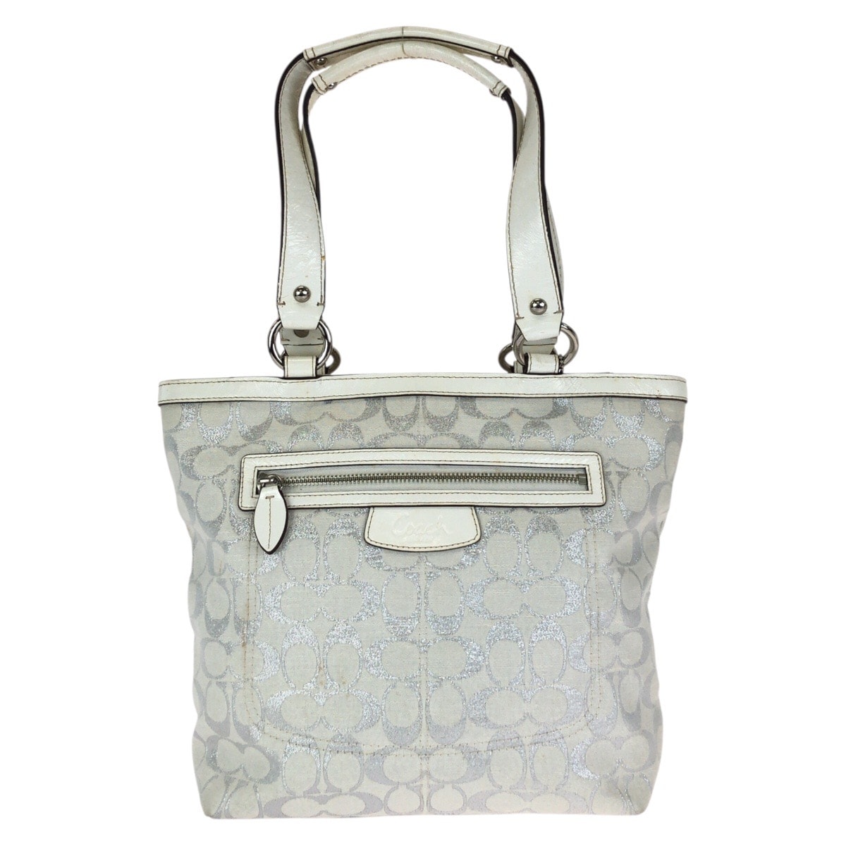 COACH コーチ シグネチャー ホワイト シルバー金具 キャンバス レザー/ トートバッグ ショルダーバッグ 602872 【中古】