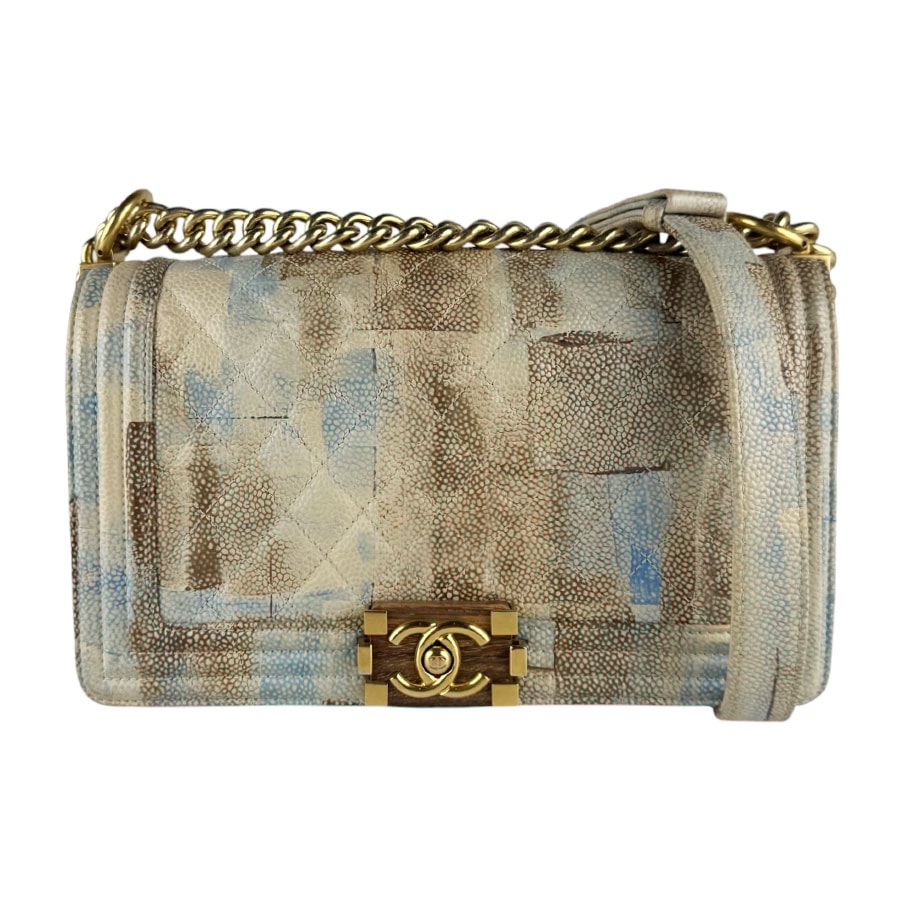 シャネル CHANEL ショルダーバッグ ボーイシャネル キャビアスキンレザー ブラウン/ベージュ/ブルー ゴールド レディース【中古】 z10593