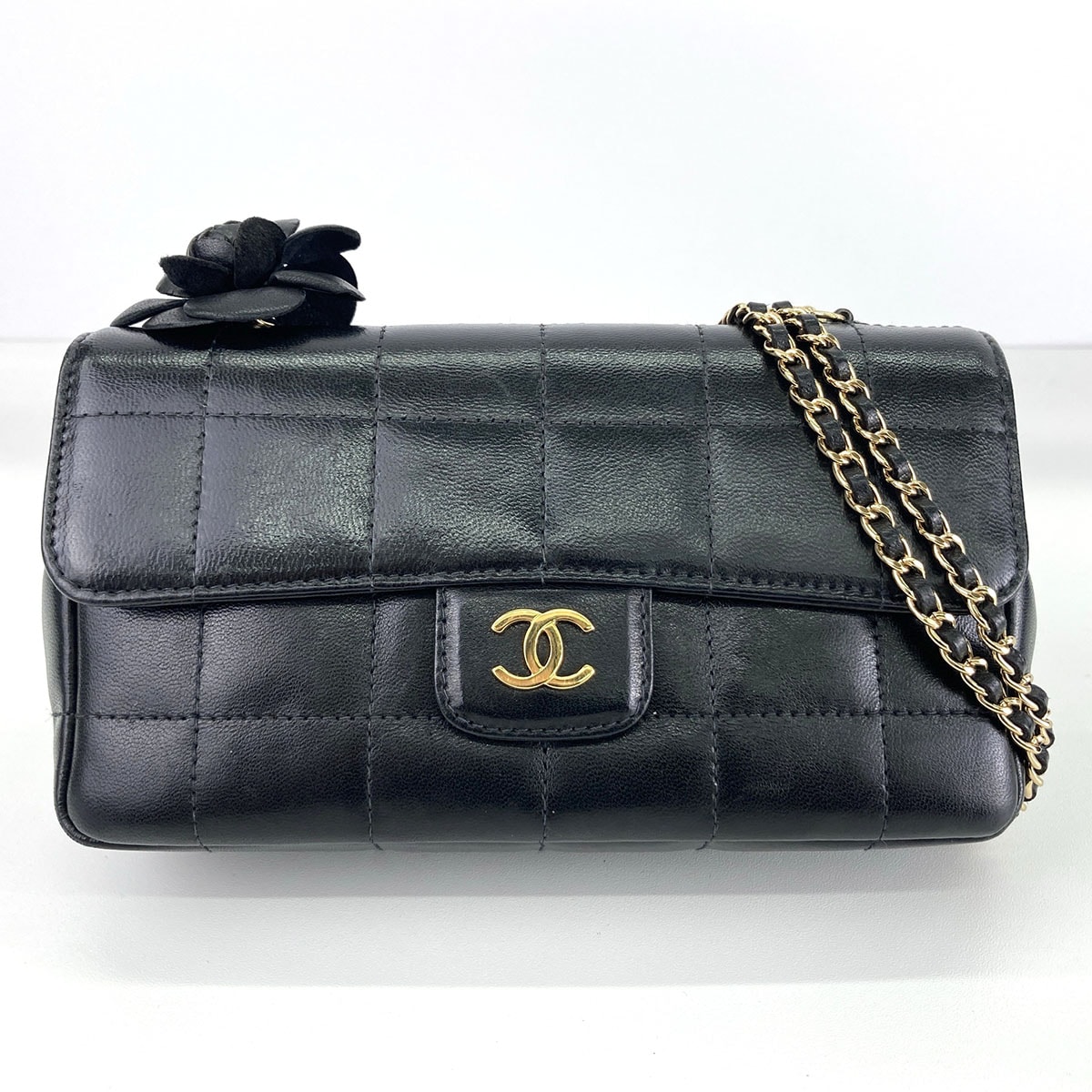 CHANEL シャネル チョコバー カメリア シングル チェーンショルダーバッグ ショルダーバッグ A16780 ラムスキン ブラック ゴールド  レディース【中古】