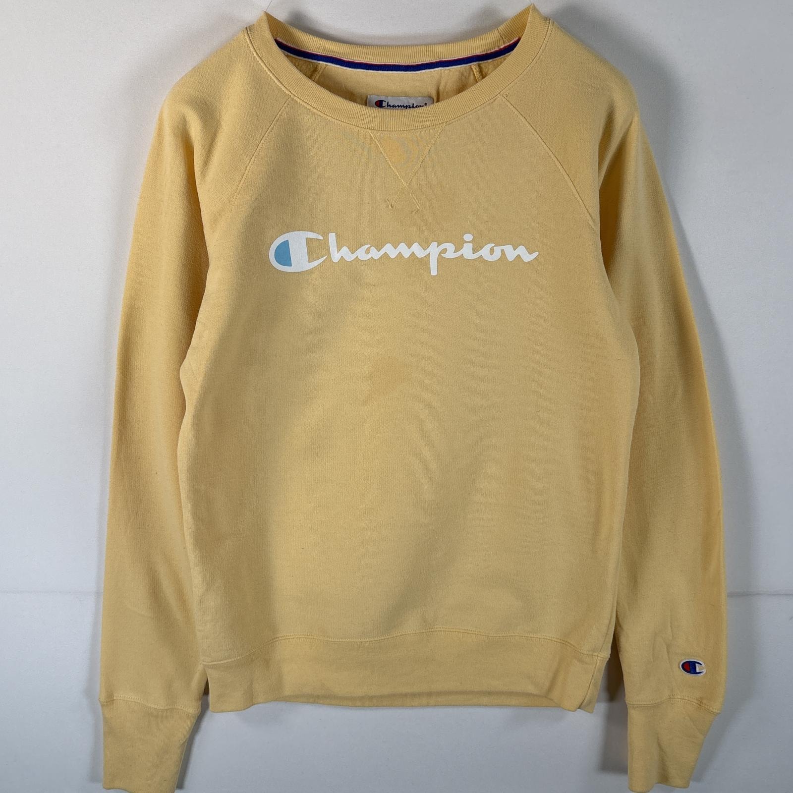 古着 チャンピオン Champion スウェット クルーネック ワンポイントビッグロゴプリント ラグラン ワッペン S イエロー系 レディース