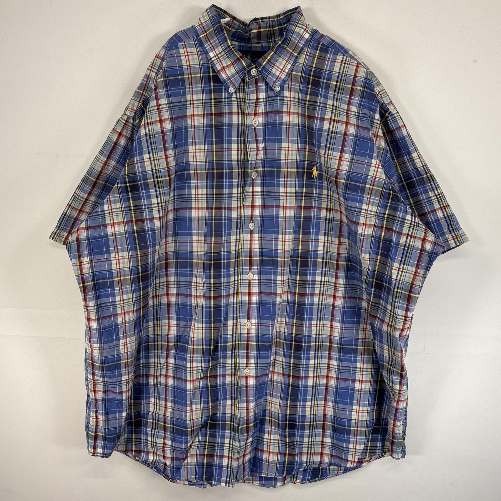 古着 90's/90年代 ラルフローレン RALPH LAUREN 半袖シャツ ロゴ 刺繍 チェック 大きいサイズ 薄手 14041  ブルー系 マルチカラー メンズ