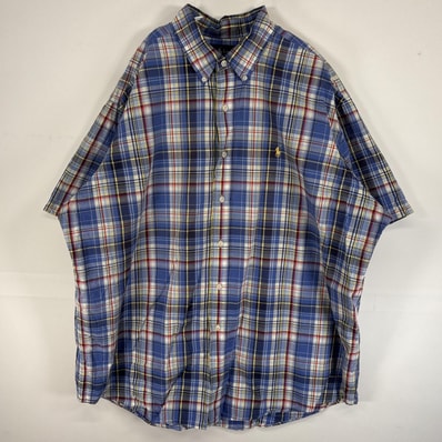 古着 90's/90年代 ラルフローレン RALPH LAUREN 半袖シャツ ロゴ 刺繍 チェック 大きいサイズ 薄手 14041 ブルー系 マルチカラー メンズ