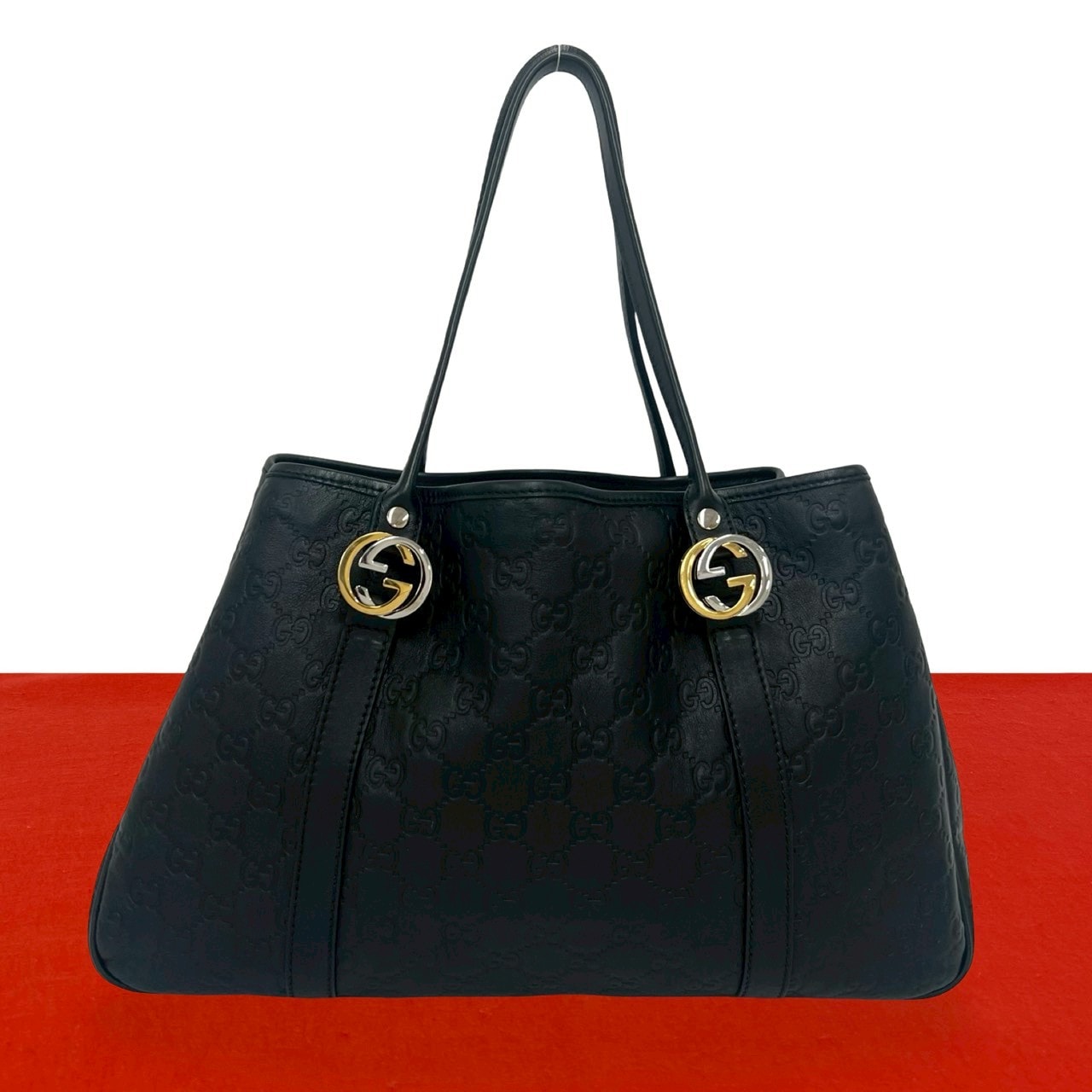 GUCCI グッチ シマ GG ロゴ 金具 レザー トートバッグ ブラック
 32934