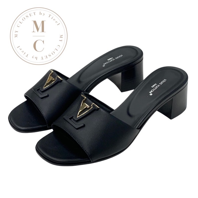 ルイヴィトン LOUIS VUITTON サンダル 靴 シューズ レザー ブラック 黒 ゴールド ロゴ ミュール