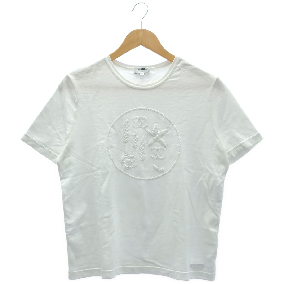 シャネル 22SS P72456K10424 ホワイト 刺繍デザイン クルーネック ショートスリーブカットソー Tシャツ S