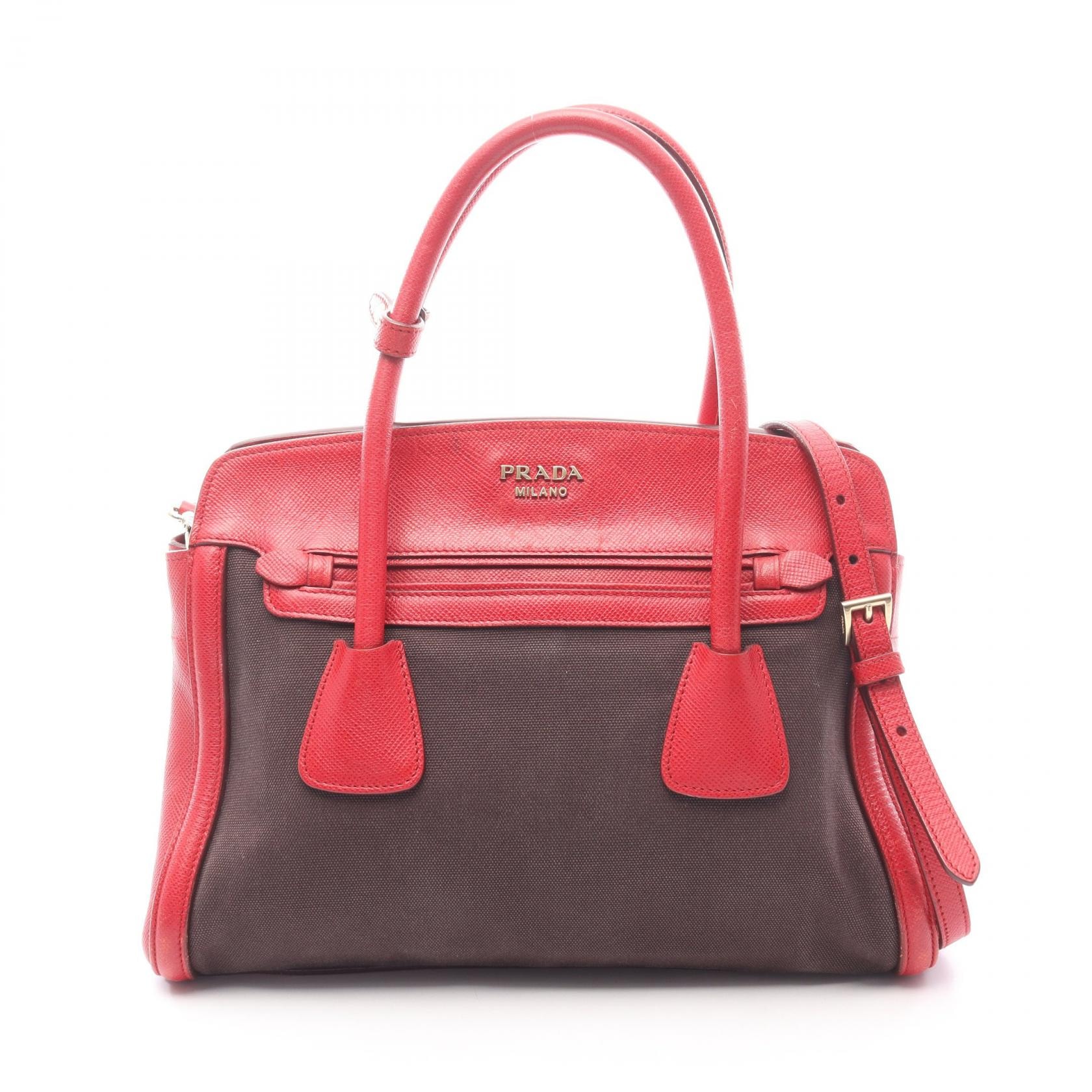 プラダ PRADA CANAPA+SAFFIANO 2WAY ハンドバッグ バッグ キャンバス サフィアーノレザー レディース ブラック系 / レッド系 BN2595 【中古】