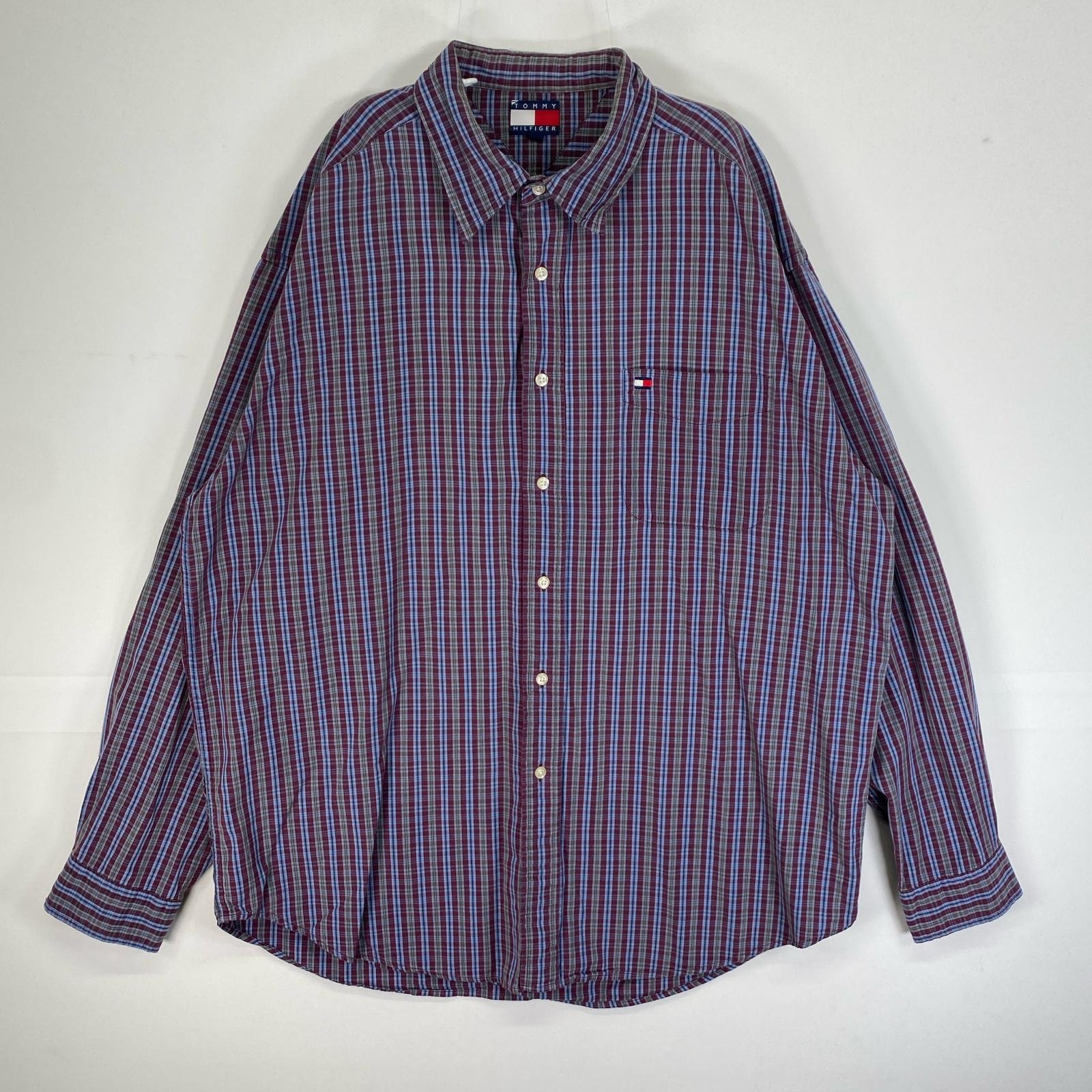 古着 90's/90年代 トミーヒルフィガー TOMMY HILFIGER 長袖シャツ チェック ロゴ 刺繍 胸ポケット XL パープル系 マルチカラー メンズ