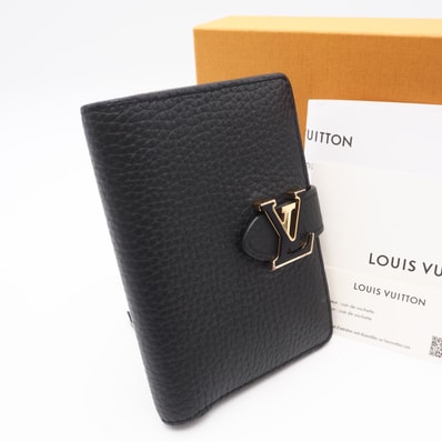 美品 LOUIS VUITTON ルイ・ヴィトン トリヨン LV ヴェルティカル ウォレット コンパクト ノワール M81561 二つ折り財布 ブラック ベージュ トリヨンレザー レディース