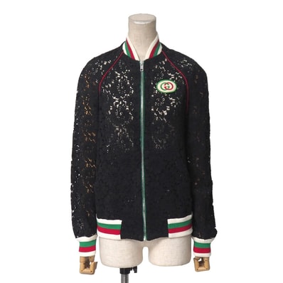 ■美品■GUCCI グッチ ウェブ ジャケット サイズ36 レース ジップアップ GGロゴ パッチ イタリア製 ブランド古着【中古】20260508/RA9313