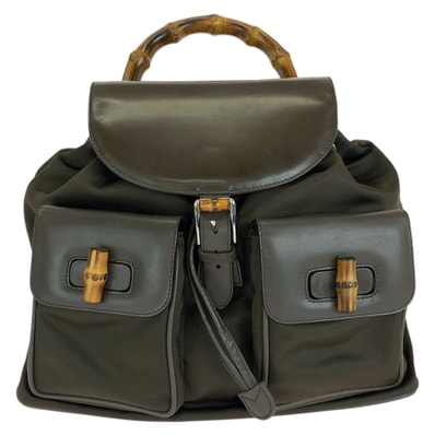 GUCCI グッチ ヴィンテージ バンブー カーキ シルバー金具 ナイロン レザー/ リュックサック バックパック 604704 【中古】