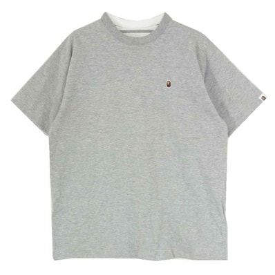A BATHING APE アベイシングエイプ Tシャツ ワッペン ダブルフェイス 裏地ボーダー 半袖 Tシャツ カットソー グレー系 L【中古】