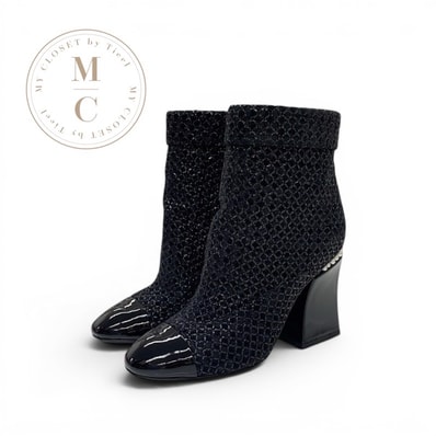 シャネル CHANEL ブーツ ショートブーツ 靴 シューズ ファブリック パテント ブラック 黒 ココマーク パール