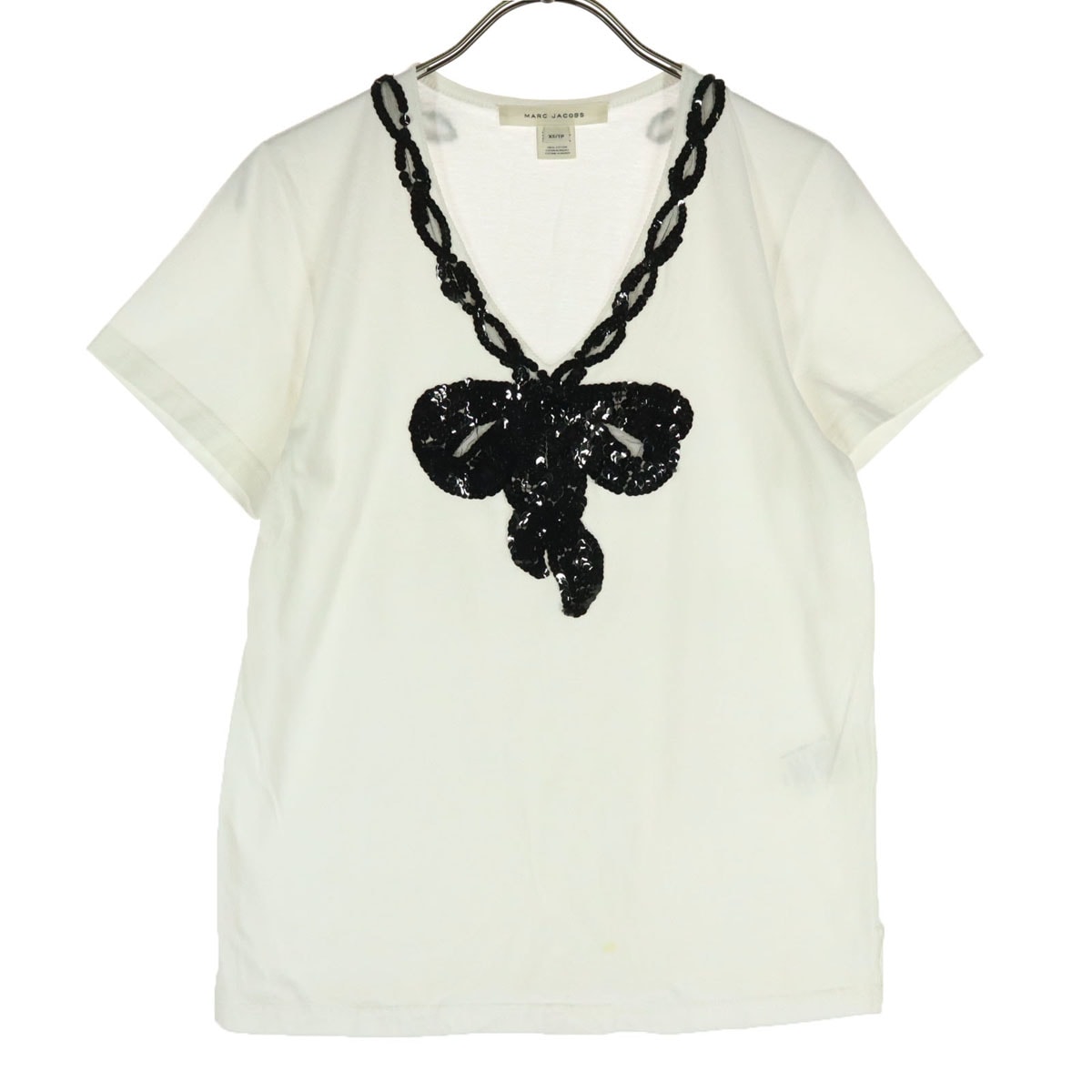 MARC JACOBS マークジェイコブス スパンコール 半袖 Vネック Tシャツ XS ホワイト