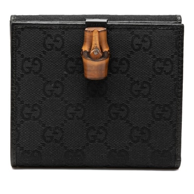 グッチ GGキャンバス バンブー 二つ折り財布 112523 ブラック キャンバス レザー レディース GUCCI 【中古】