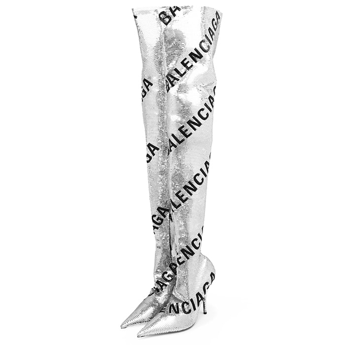 【未使用】BALENCIAGA バレンシアガ スパンコール ロングブーツ サイズ 39 レディース CUISSARD KNIFE メタリック ロゴ ストレッチ 伸縮性 ポインテッドトゥ ニーハイ ハイヒール シューズ 靴 箱・袋付属 シルバー 銀色 イタリア製