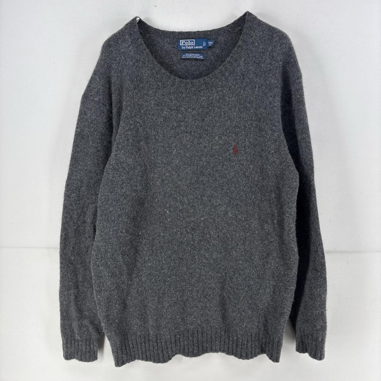 古着 ポロ・ラルフローレン POLO RALPH LAUREN ニット ロゴ 刺繍 クルーネック 2XL グレー系 無地 メンズ