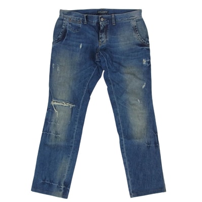 DOLCE&GABBANA ドルチェアンドガッバーナ デニムパンツ G3FKLP G8I17 ロゴ プレート 14 ダメージ加工 デニム パンツ インディゴブルー系 46【中古】