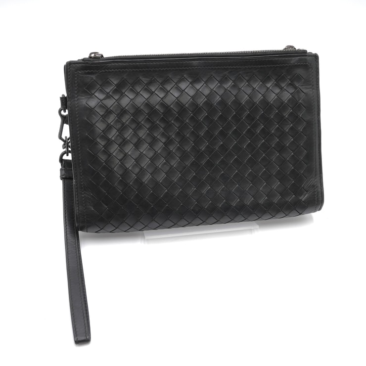 BOTTEGA VENETA(ボッテガ・ヴェネタ)イントレチャート ヴィンテージ クラッチバッグ セカンドバッグ 長財布 ブラック レザー ダブルファスナー リストストラップ付き メンズ レディース【中古】