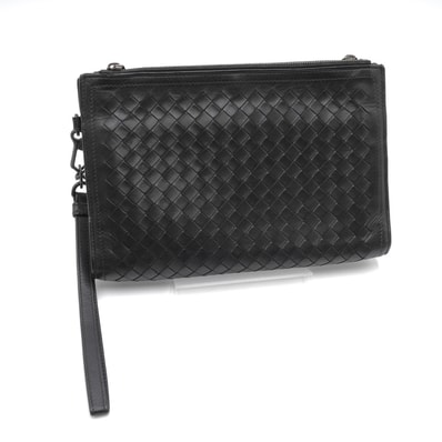 BOTTEGA VENETA(ボッテガ・ヴェネタ)イントレチャート ヴィンテージ クラッチバッグ セカンドバッグ 長財布 ブラック レザー ダブルファスナー リストストラップ付き メンズ レディース【中古】