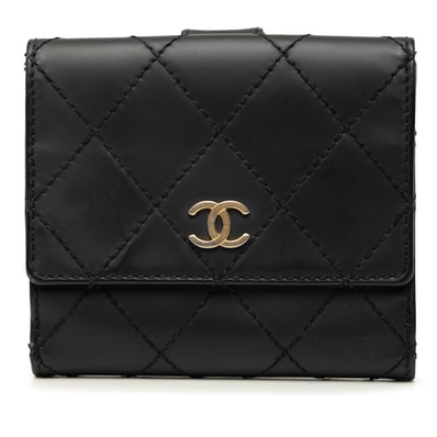シャネル ワイルドステッチ ココマーク 二つ折り財布 ブラック ゴールド レザー レディース CHANEL 中古